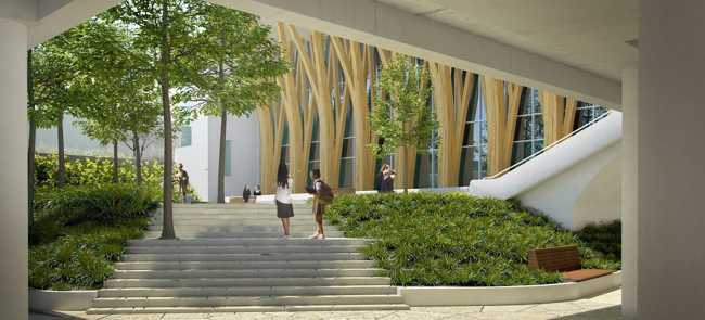 Render campus with steps and trees